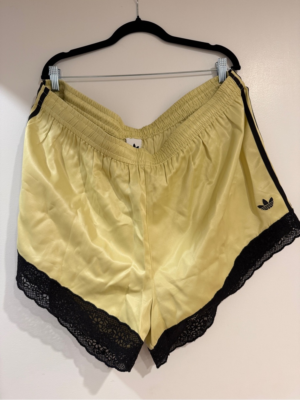 Brand new adidas Yellow Satin Shorts with Black Lace Trim - Picture 3 of 3